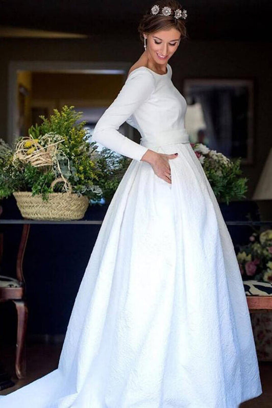 NumberSea White Ball Gown Long Sleeves Backless Wedding Dresses With Pocket, MW968