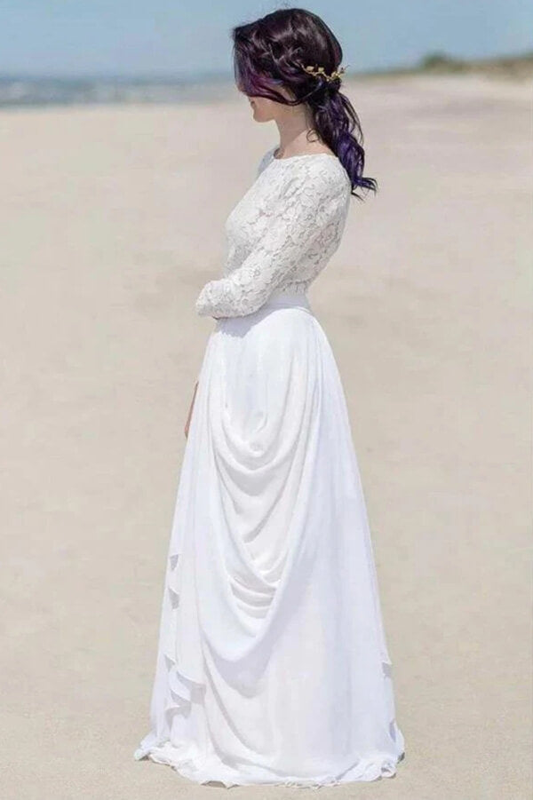 NumberSea White Chiffon Lace Long Sleeves Floor Length Beach Wedding Dresses, MW836