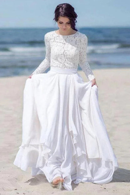 NumberSea White Chiffon Lace Long Sleeves Floor Length Beach Wedding Dresses, MW836