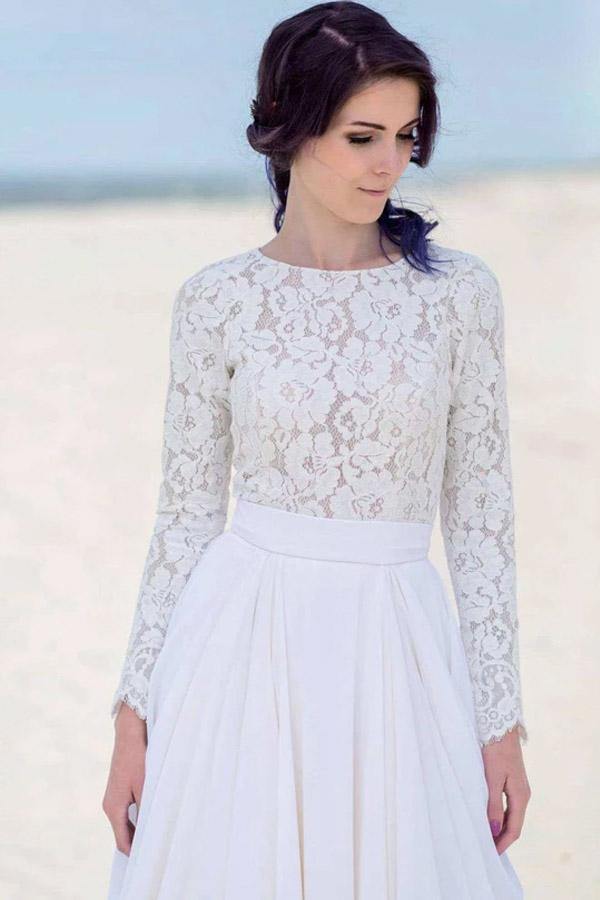 NumberSea White Chiffon Lace Long Sleeves Floor Length Beach Wedding Dresses, MW836