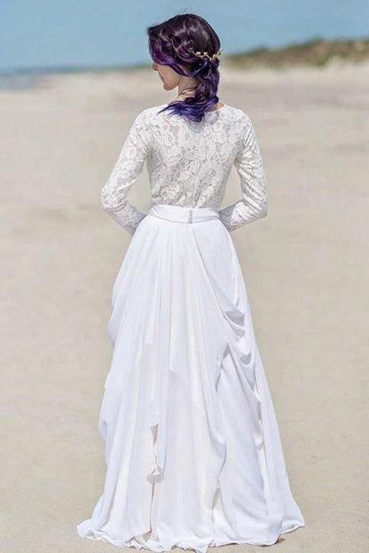 NumberSea White Chiffon Lace Long Sleeves Floor Length Beach Wedding Dresses, MW836