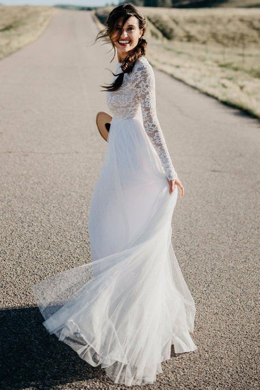 NumberSea White Lace Tulle Long Sleeves Beach Wedding Dresses, Bridal Dress, MW570