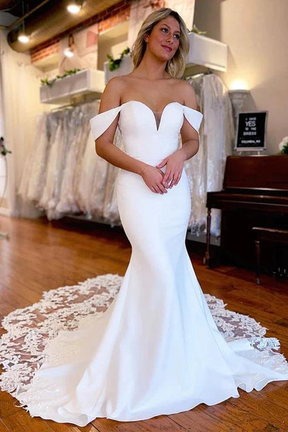 NumberSea White Mermaid Satin Lace Off Shoulder Wedding Dresses With Train, MW868