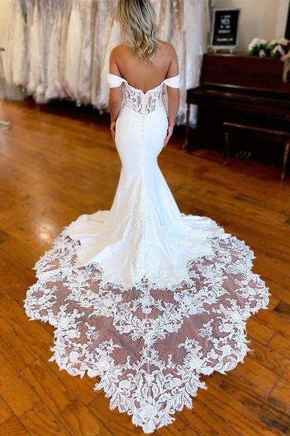 NumberSea White Mermaid Satin Lace Off Shoulder Wedding Dresses With Train, MW868