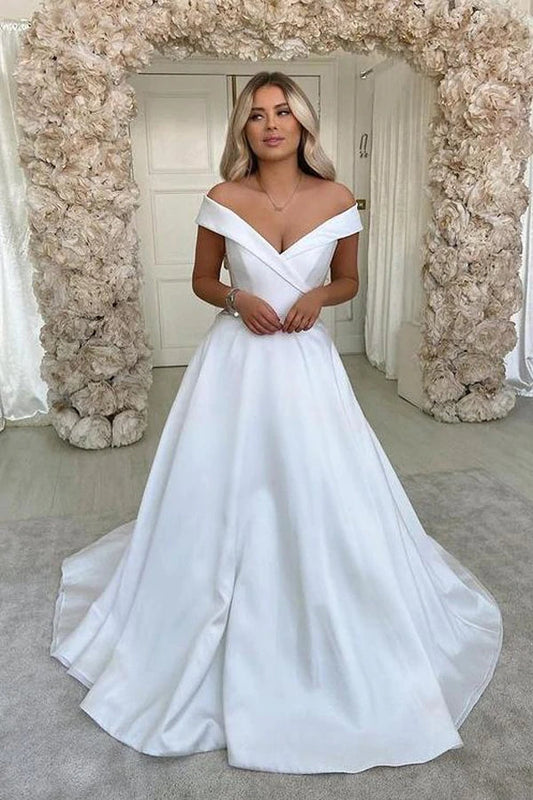 NumberSea White Satin A-line V-neck Sweep Train Wedding Dresses, Bridal Dress, MW695