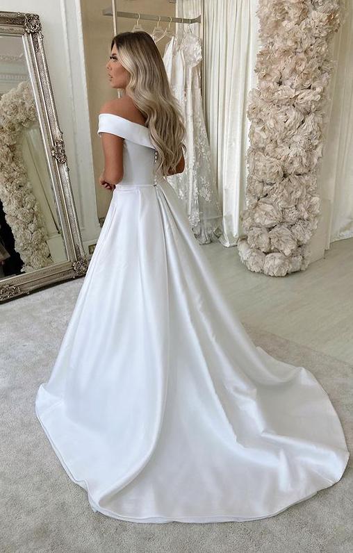 NumberSea White Satin A-line V-neck Sweep Train Wedding Dresses, Bridal Dress, MW695