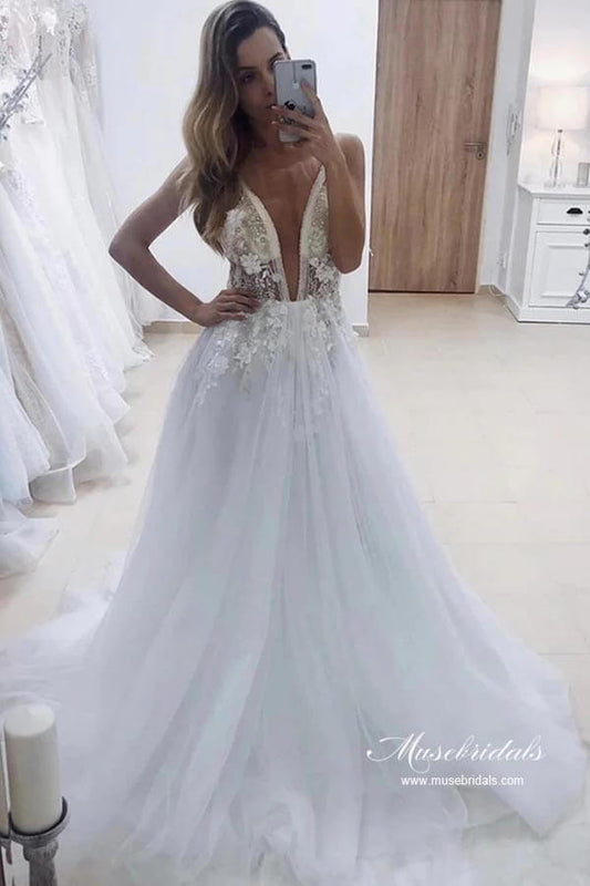 NumberSea White Tulle A-line Deep V-neck Wedding Dresses With Lace Appliques, MW946