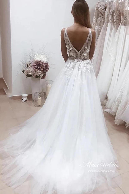 NumberSea White Tulle A-line Deep V-neck Wedding Dresses With Lace Appliques, MW946