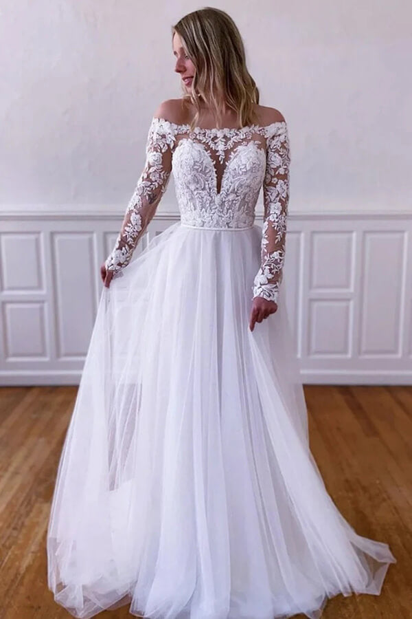 NumberSea White Tulle Lace A-line Long Sleeves Wedding Dresses, Wedding Gowns, MW816