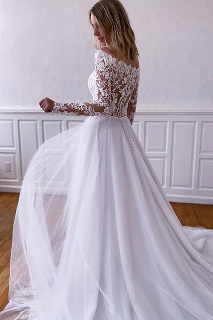 NumberSea White Tulle Lace A-line Long Sleeves Wedding Dresses, Wedding Gowns, MW816