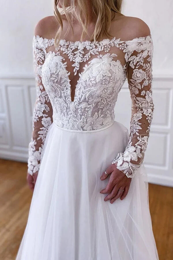 NumberSea White Tulle Lace A-line Long Sleeves Wedding Dresses, Wedding Gowns, MW816