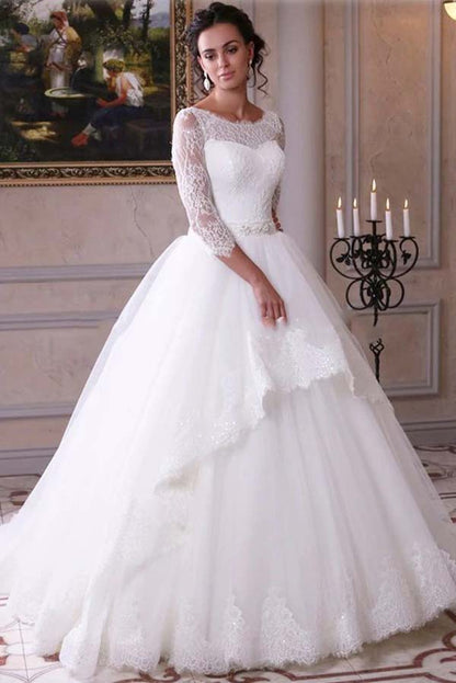 NumberSea White Tulle Lace Ball Gown 3/4 Sleeves Scoop Neck Wedding Dresses, MW693