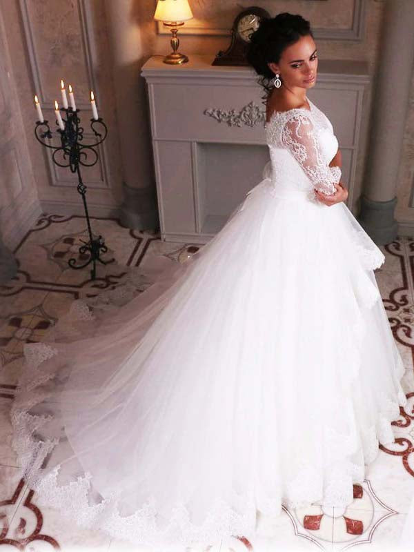 NumberSea White Tulle Lace Ball Gown 3/4 Sleeves Scoop Neck Wedding Dresses, MW693