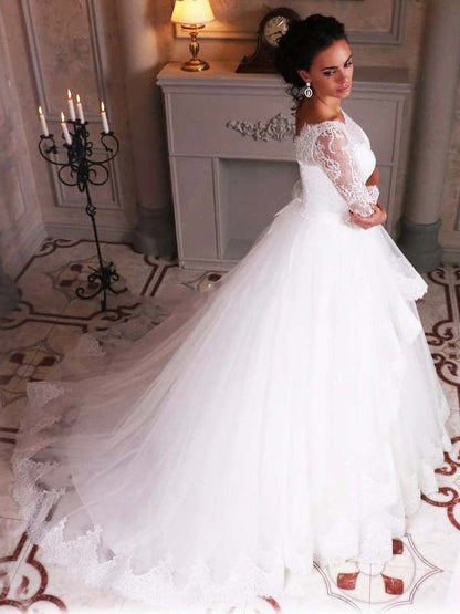 NumberSea White Tulle Lace Ball Gown 3/4 Sleeves Scoop Neck Wedding Dresses, MW693