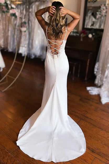 Wedding Dress Sheath White Lace-Up Back with Slit