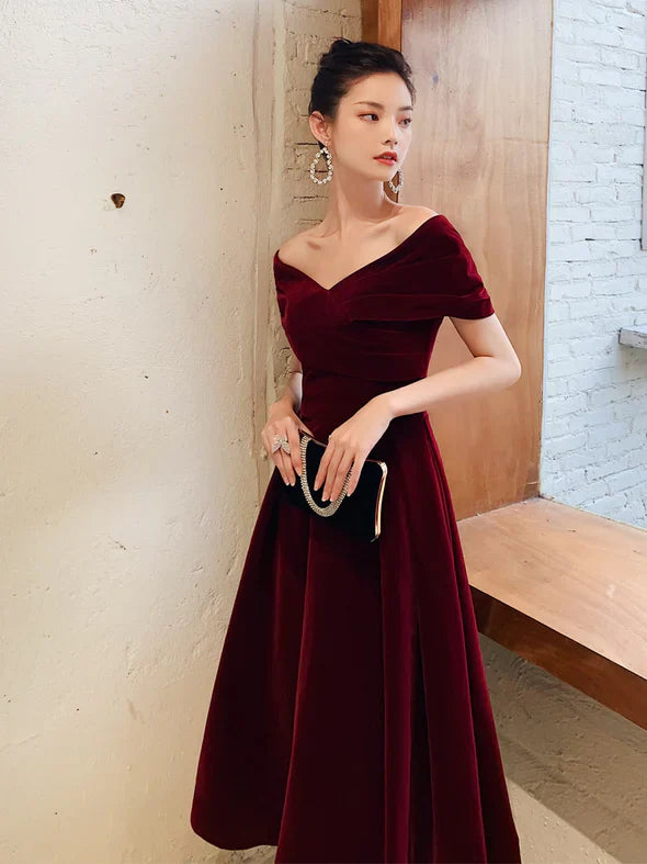 Wine Red Velvet Tea Length Chic Off Shoulder Party Dress, Burgundy Prom Dresses