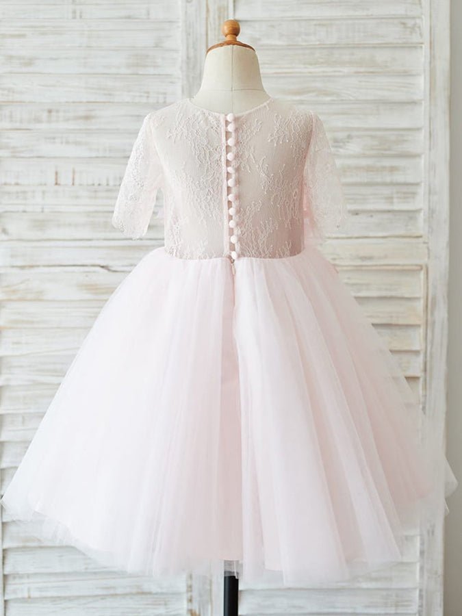 NumberSea - A - line 1/2 Sleeves Lace Tulle Knee - length 3D Flower Girl Dresses