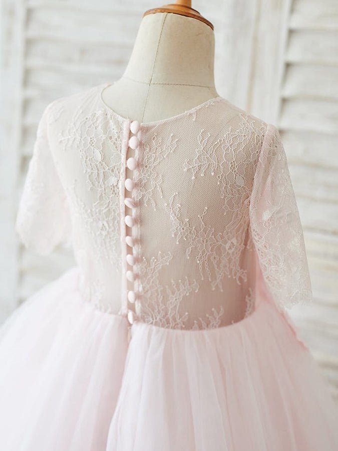 NumberSea - A - line 1/2 Sleeves Lace Tulle Knee - length 3D Flower Girl Dresses