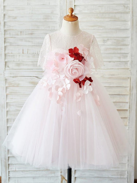 NumberSea - A - line 1/2 Sleeves Lace Tulle Knee - length 3D Flower Girl Dresses