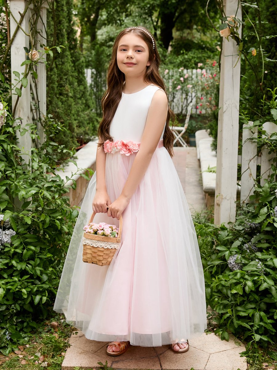 NumberSea - A - line 3D Flower Satin Tulle Ankle - length Flower Girl Dress