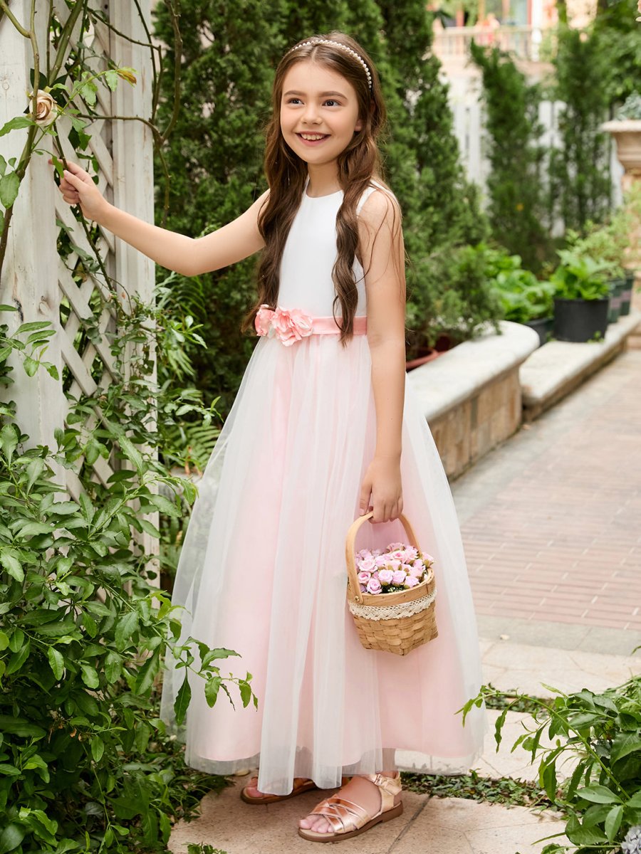 NumberSea - A - line 3D Flower Satin Tulle Ankle - length Flower Girl Dress