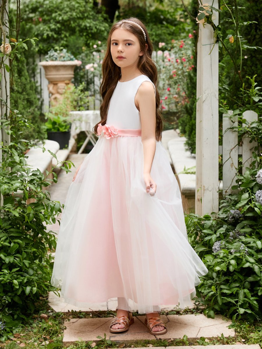 NumberSea - A - line 3D Flower Satin Tulle Ankle - length Flower Girl Dress