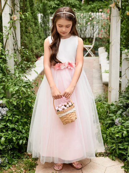 NumberSea - A - line 3D Flower Satin Tulle Ankle - length Flower Girl Dress