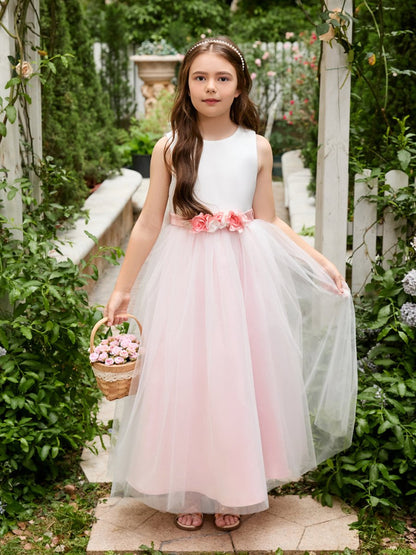 NumberSea - A - line 3D Flower Satin Tulle Ankle - length Flower Girl Dress