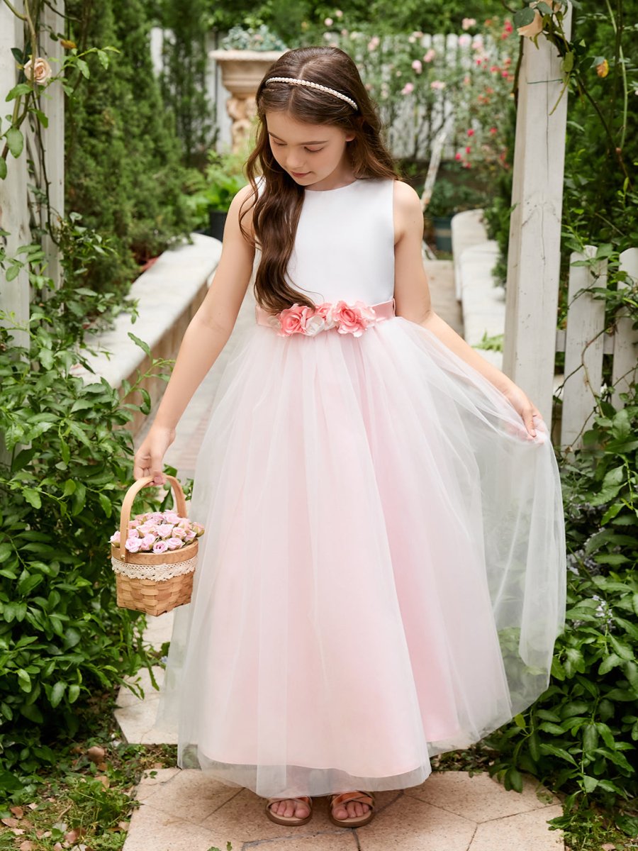 NumberSea - A - line 3D Flower Satin Tulle Ankle - length Flower Girl Dress