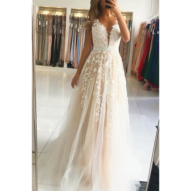 NumberSea - A - line Attractive V - neck Tulle Appliques Long Formal Evening Dress