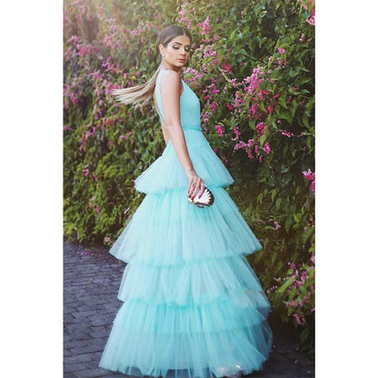 NumberSea - A - line Attractive V - neck Tulle Tiered Long Prom Dress Formal Evening Gowns