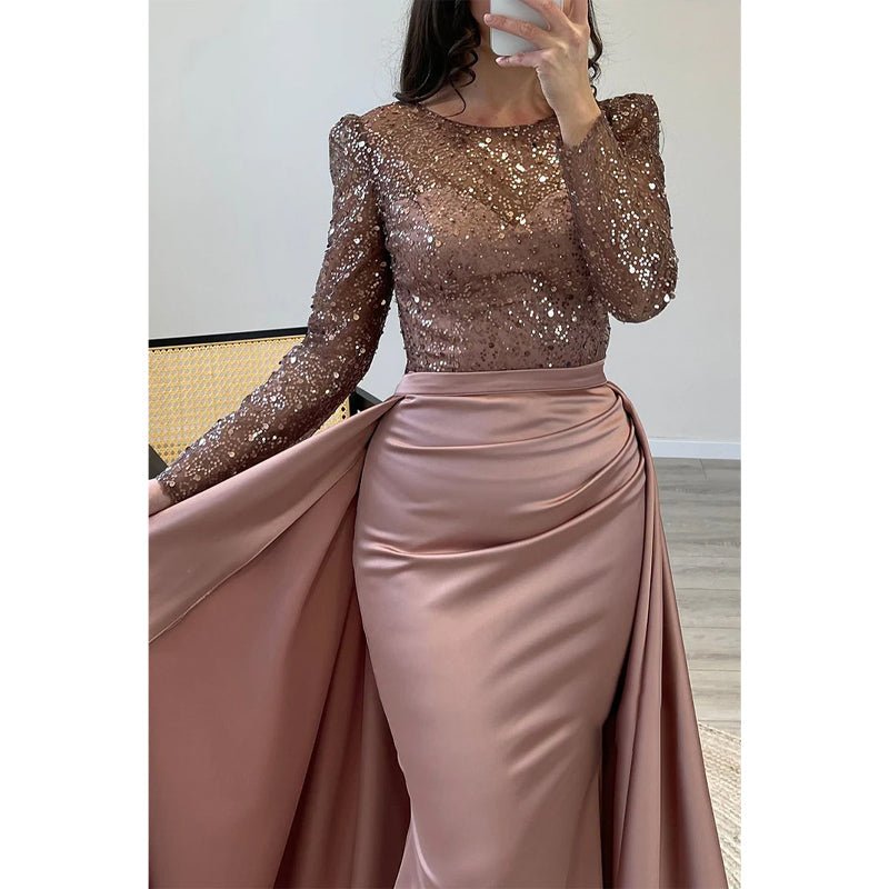 NumberSea - A - line Beaded Illusion Strapless Satin Long Sleeves Prom Dress Evening Gown