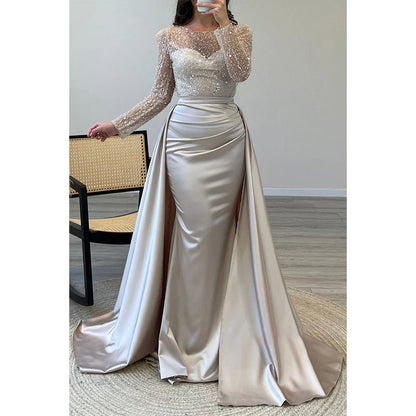 NumberSea - A - line Beaded Illusion Strapless Satin Long Sleeves Prom Dress Evening Gown