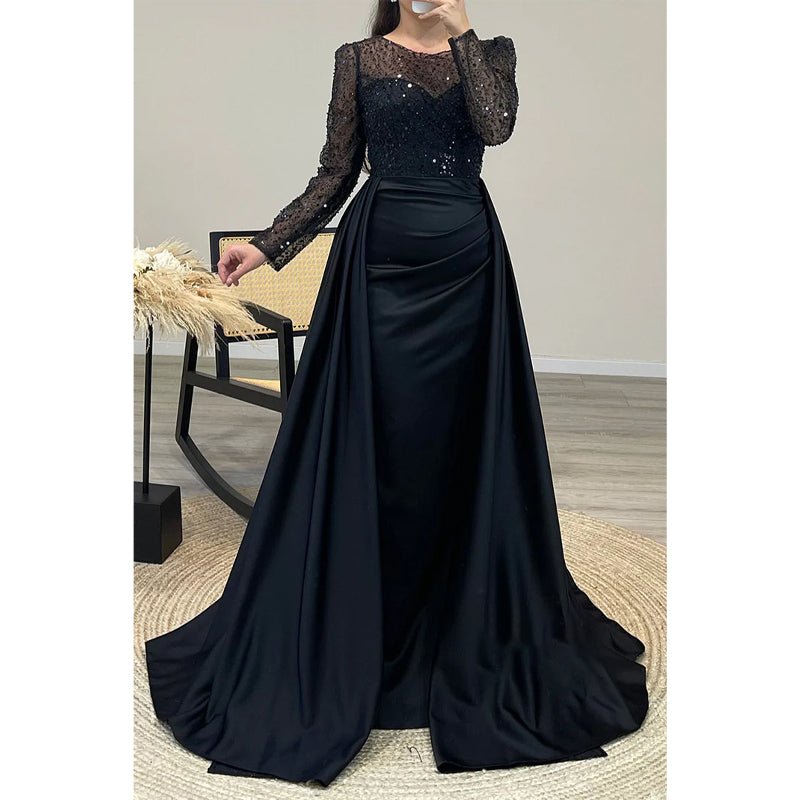 NumberSea - A - line Beaded Illusion Strapless Satin Long Sleeves Prom Dress Evening Gown