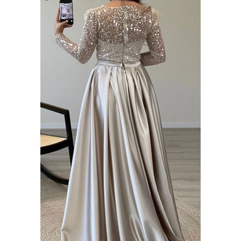 NumberSea - A - line Beaded Illusion Strapless Satin Long Sleeves Prom Dress Evening Gown