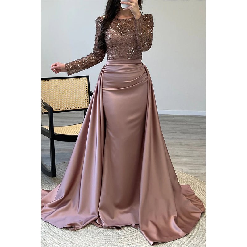 NumberSea - A - line Beaded Illusion Strapless Satin Long Sleeves Prom Dress Evening Gown