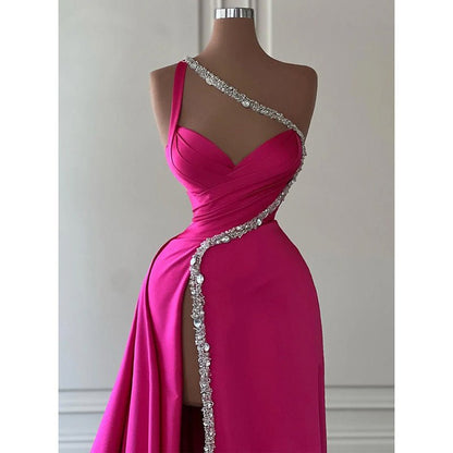 NumberSea - A - line Beaded One Shoulde Pink Satin Pleats Long Prom Evening Dress with Slit