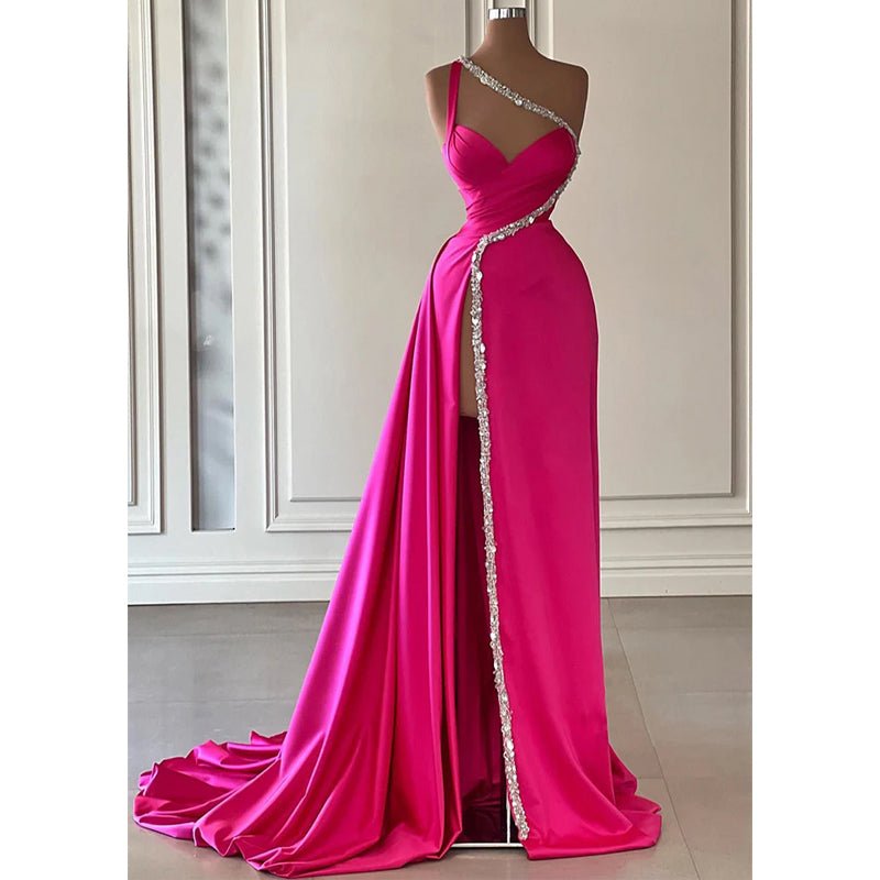 NumberSea - A - line Beaded One Shoulde Pink Satin Pleats Long Prom Evening Dress with Slit