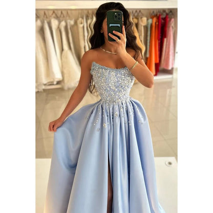 NumberSea - A - line Beaded Strapless Blue Satin Long Prom Dress with Slit Evening Gowns