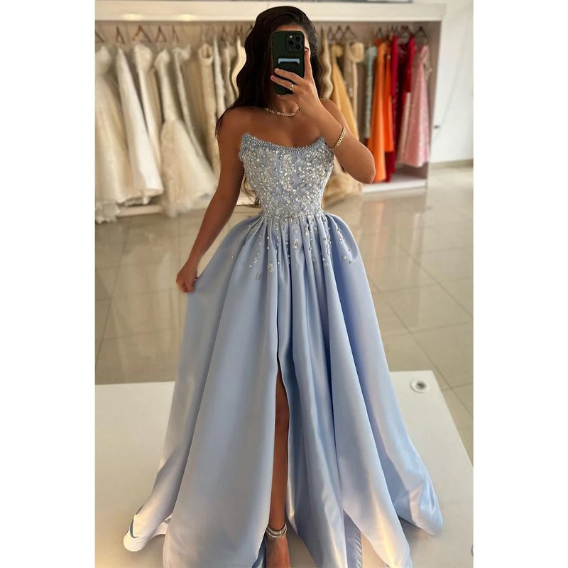 NumberSea - A - line Beaded Strapless Blue Satin Long Prom Dress with Slit Evening Gowns