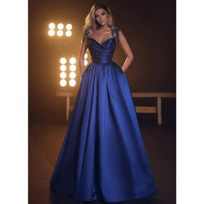 NumberSea - A Line Beads Straples Long Prom Party Dress with Pockets