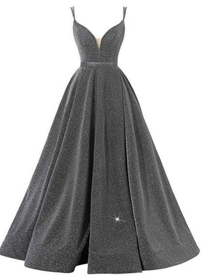 NumberSea - A - Line Beautiful Back Sexy Wedding Guest Formal Evening Birthday Dress Spaghetti Strap Sleeveless Floor Length Sequined with Pleats Sequin