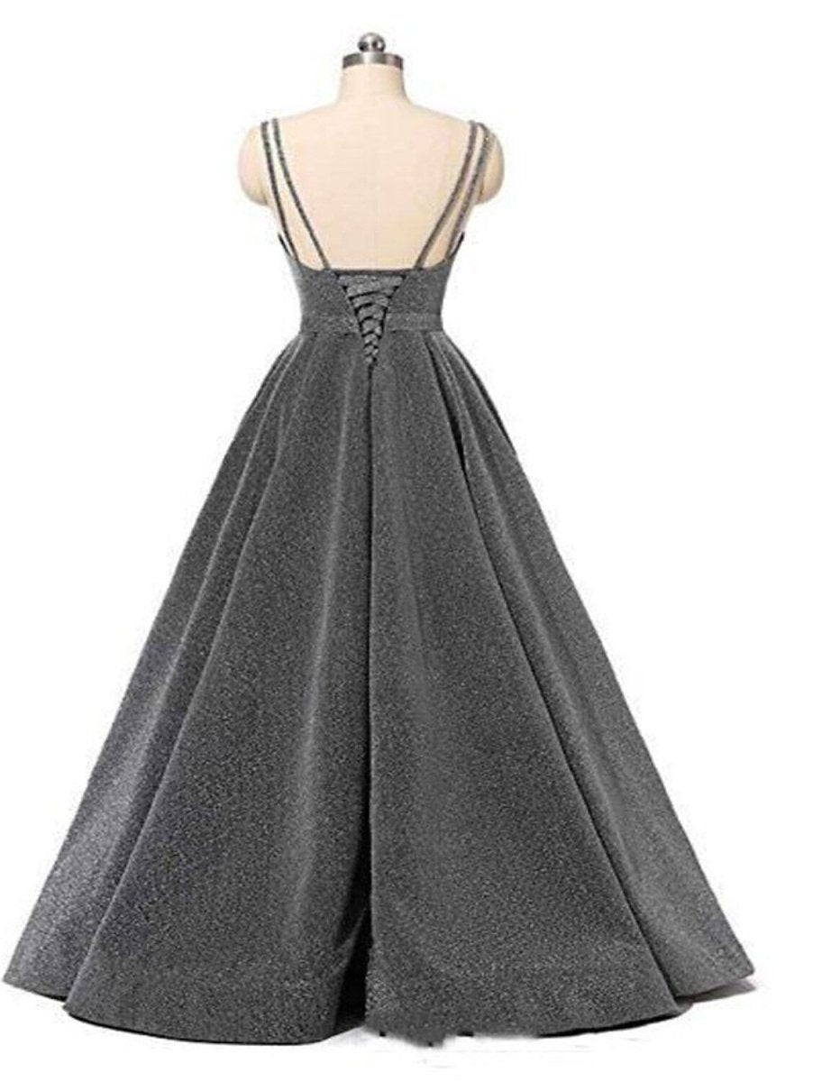 NumberSea - A - Line Beautiful Back Sexy Wedding Guest Formal Evening Birthday Dress Spaghetti Strap Sleeveless Floor Length Sequined with Pleats Sequin