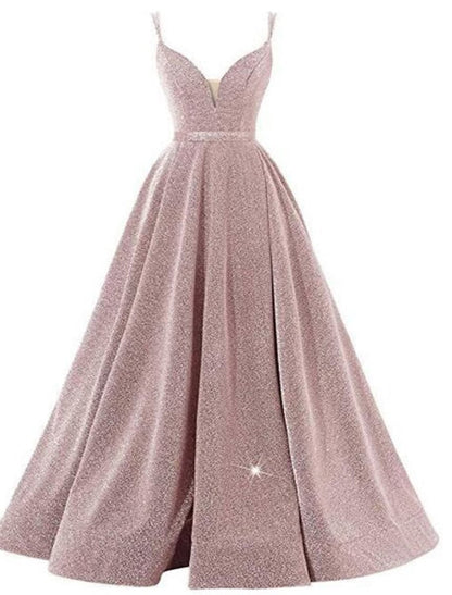 NumberSea - A - Line Beautiful Back Sexy Wedding Guest Formal Evening Birthday Dress Spaghetti Strap Sleeveless Floor Length Sequined with Pleats Sequin