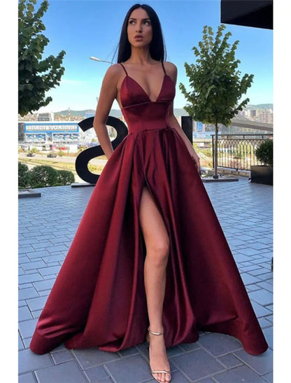 NumberSea - A - Line Black Dress Plus Size Prom Dress High Split Evening Dress Formal Birthday Summer Dress Spaghetti Strap Sleeveless Sweep / Brush Train Satin with Pleats Split Front