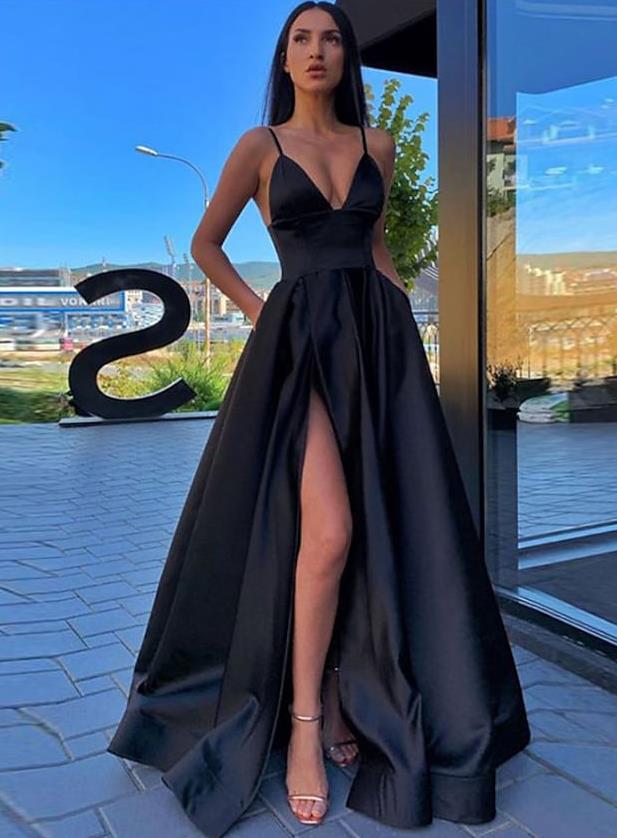 NumberSea - A - Line Black Prom Dress High Split Evening Dress Formal Birthday Summer Dress Spaghetti Strap Sleeveless Sweep / Brush Train Satin with Pleats Split Front