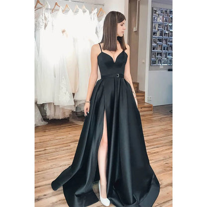 NumberSea - A - line Black Satin Spaghetti Straps V - neck Simple Prom Dress with Pockets