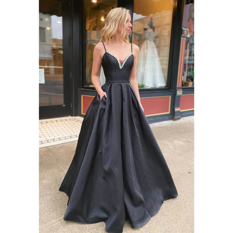 NumberSea - A - line Black Satin V - neck Beaded Long Prom Dress with Pockets Pageant Dress