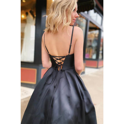 NumberSea - A - line Black Satin V - neck Beaded Long Prom Dress with Pockets Pageant Dress