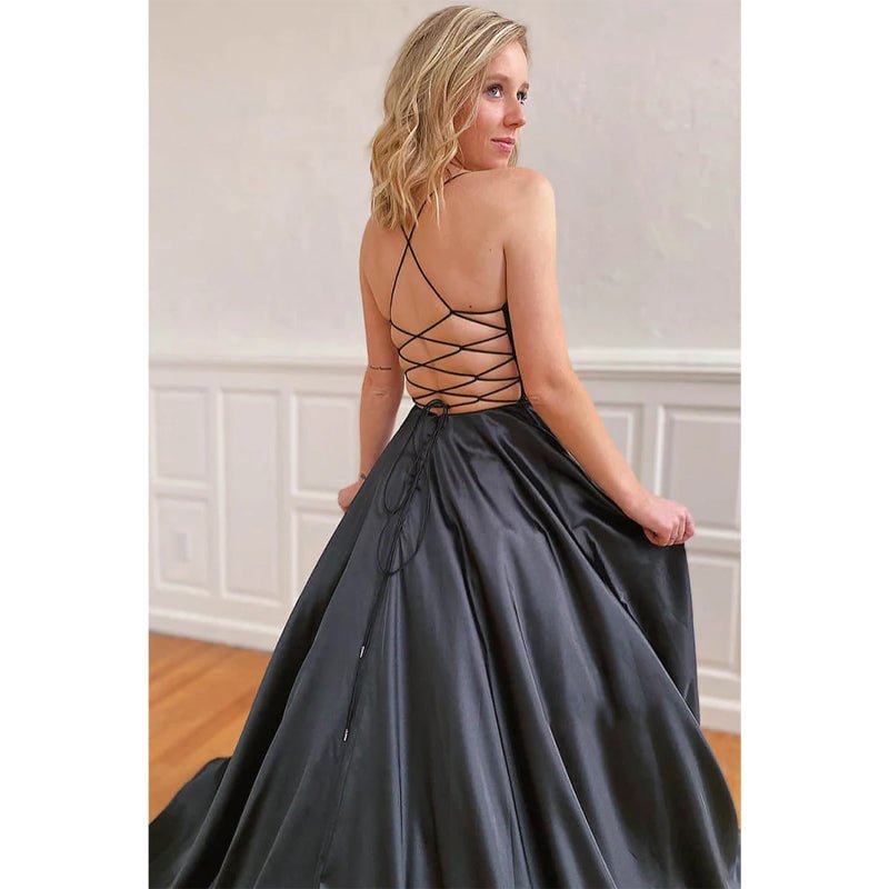 NumberSea - A - line Black Satin V - neck Long Simple Prom Dress with Pockets Formal Evening Gowns